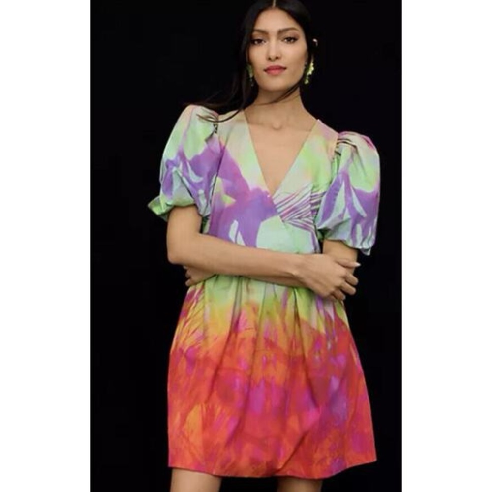 Anthropologie Tracy Reese Surplice Rainbow Tie Dye Mini Dress Small Puff Sleeve
